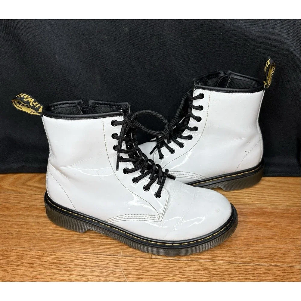 Dr Martens White Leather Combat Boots 1460 J Mens Size 4 Womens 5 Side Zip